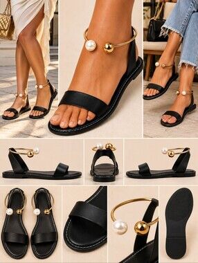 Black Pearl Gold Ankle Cuff Flat Sandals Open Toe Statement Shoe Size US 9-9.5